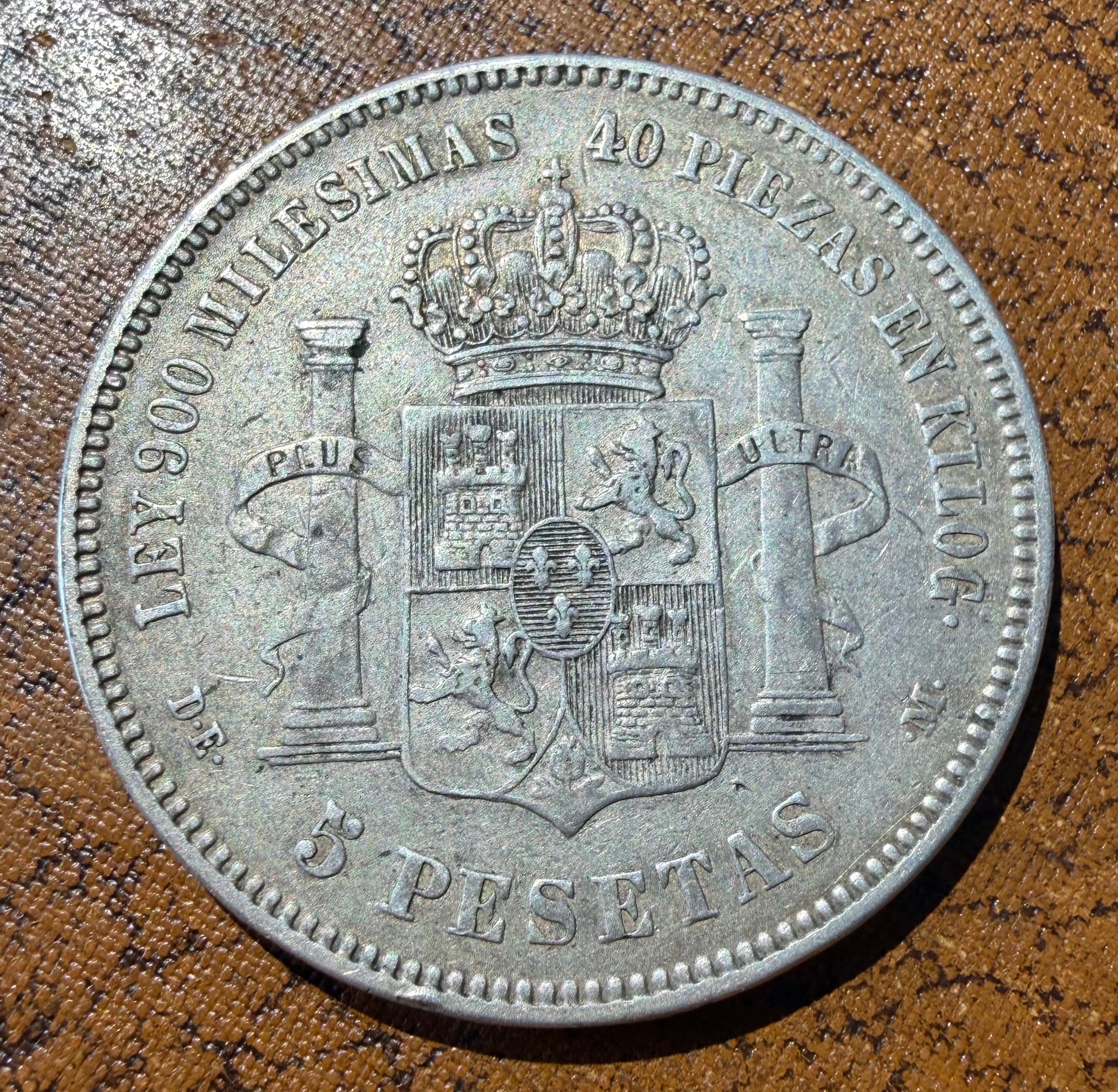 1876 Spain 5 Pesetas Silver Coin - Alfonso XII - Madrid Mint (DE M)