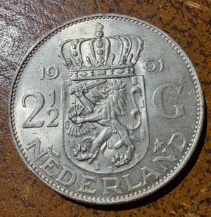 1961 Netherlands 2½ Gulden Silver Coin - Queen Juliana Rijksdaalder - 0.720 Silver