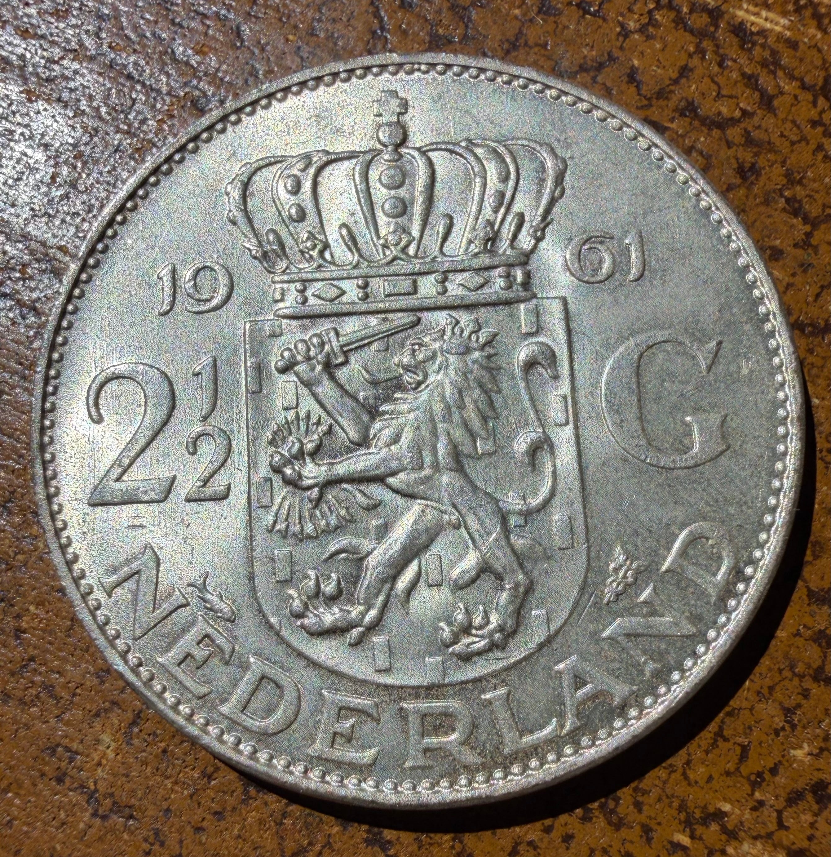 1961 Netherlands 2½ Gulden Silver Coin - Queen Juliana Rijksdaalder - 0.720 Silver