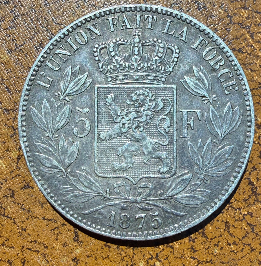 1875 Belgium 5 Francs Silver Coin - Leopold II