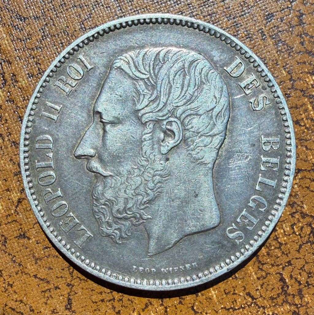 1875 Belgium 5 Francs Silver Coin - Leopold II