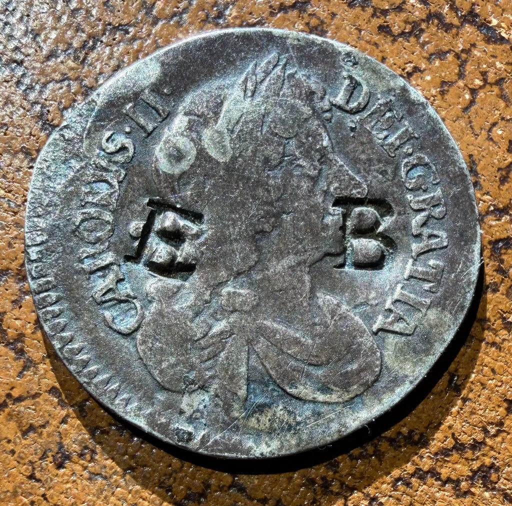 1679 Maundy Fourpence, Charles II-EB punched in