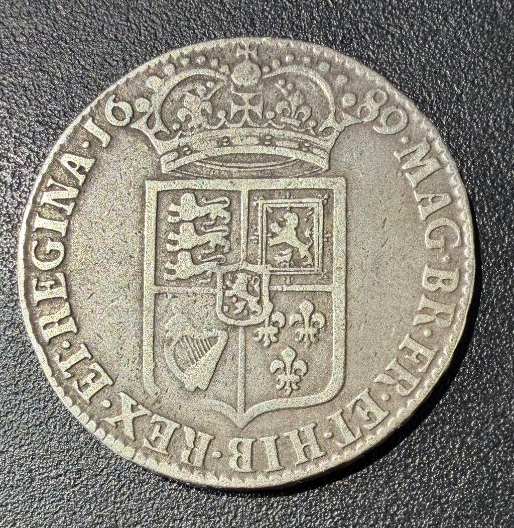 1689 William & Mary Silver Halfcrown - 1st Shield / Frosted Caul - Spink 3434