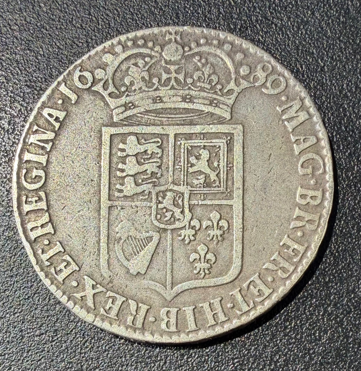 1689 William & Mary Silver Halfcrown - 1st Shield / Frosted Caul - Spink 3434