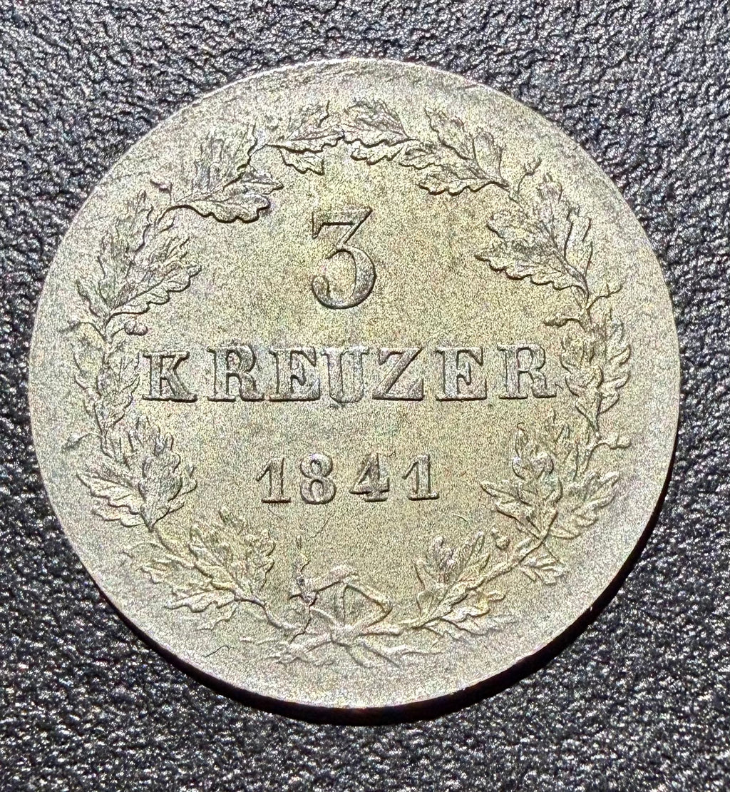 1841 German States Nassau 3 Kreuzer Silver Coin - Duke Adolph-High grade