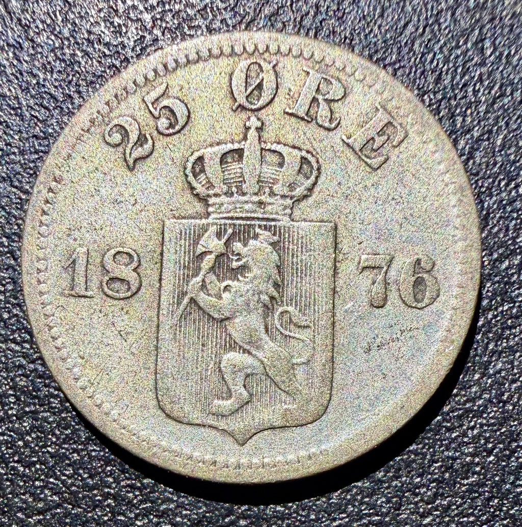 1876 Norway Silver 25 Ore - King Oscar II - High Grade