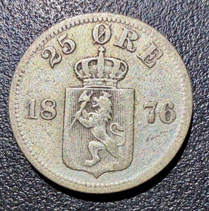 1876 Norway Silver 25 Ore - King Oscar II - High Grade