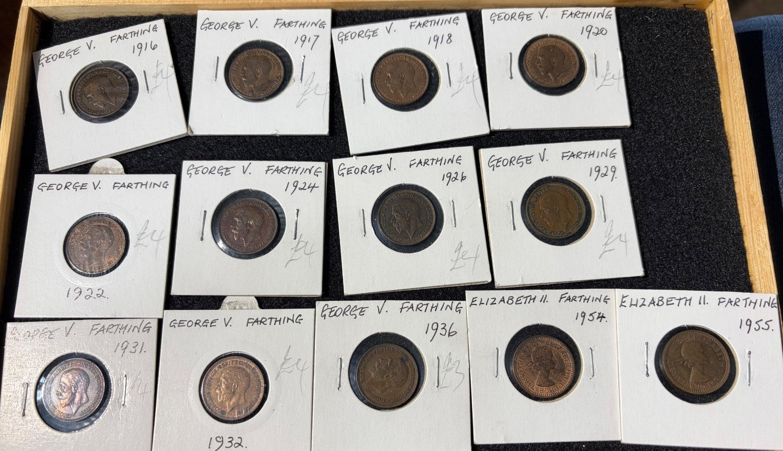 13 different British farthings from 1916 to 1955